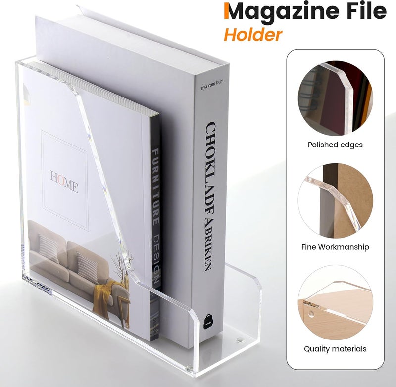 HeZone Acrylic Magazine Rack File Holder Desk Organizers and Storage 2-Pack Small Clear Acrylic Vertical Magazine Holder Book Stand for Office Desk - Image 5